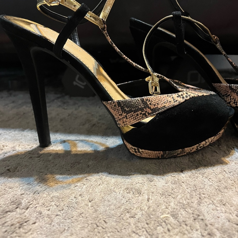 Gianni Bini heeled sandals, black suede and snake print.